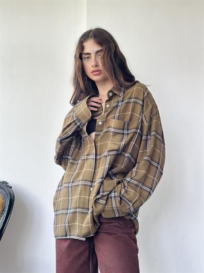 Retrobird Design Boyfriend Striped Khaki Shirt