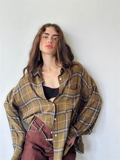 Retrobird Design Boyfriend Striped Khaki Shirt