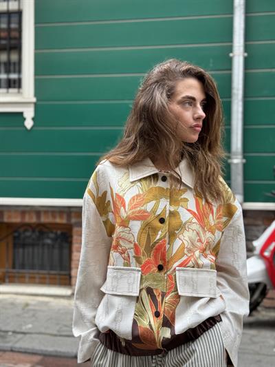 Retrobird Tasarım Yaprak Desenli Brooklyn Bomber Ceket