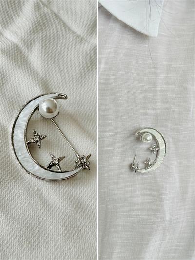 Retrobird Design Pearl Silver Color Star and Moon Brooch Lapel Pin