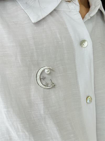 Retrobird Design Pearl Silver Color Star and Moon Brooch Lapel Pin