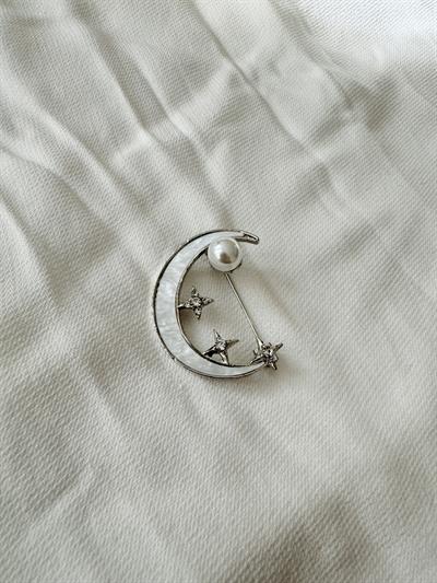 Retrobird Design Pearl Silver Color Star and Moon Brooch Lapel Pin
