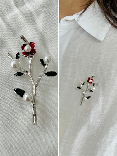 Retrobird Design Gray Pearl Branch Brooch Lapel Pin