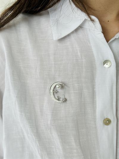 Retrobird Design Pearl Silver Color Star and Moon Brooch Lapel Pin