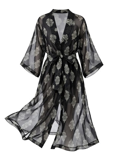 Retrobird Design Floral Patterned Black Long Kimono