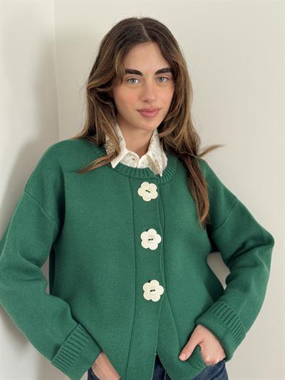 Retrobird Design Green Jacket Cardigan with Floral Buttons