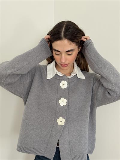Retrobird Design Floral Buttoned Grey Jacket Cardigan