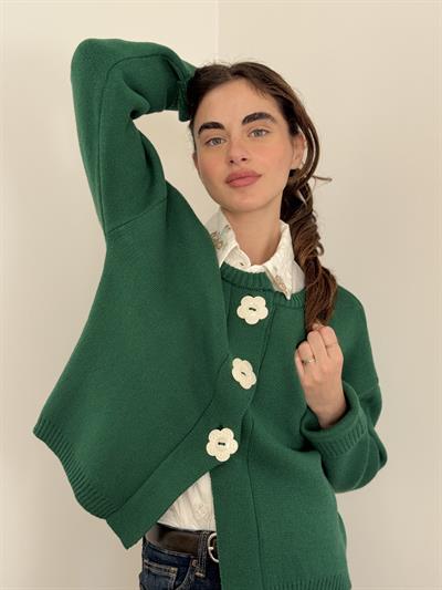 Retrobird Design Green Jacket Cardigan with Floral Buttons
