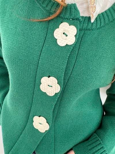 Retrobird Design Green Jacket Cardigan with Floral Buttons