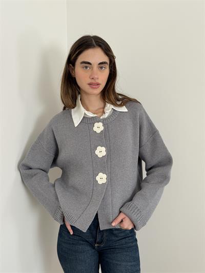 Retrobird Design Floral Buttoned Grey Jacket Cardigan