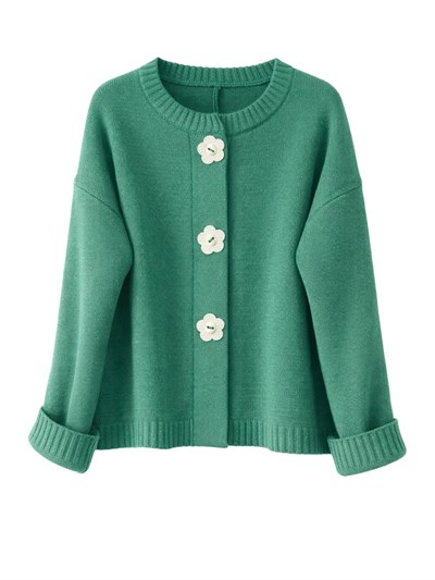 Retrobird Design Green Jacket Cardigan with Floral Buttons