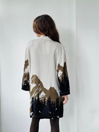 Retrobird Tasarım Dağ Desen Açık Gri Kimono Gömlek Ceket