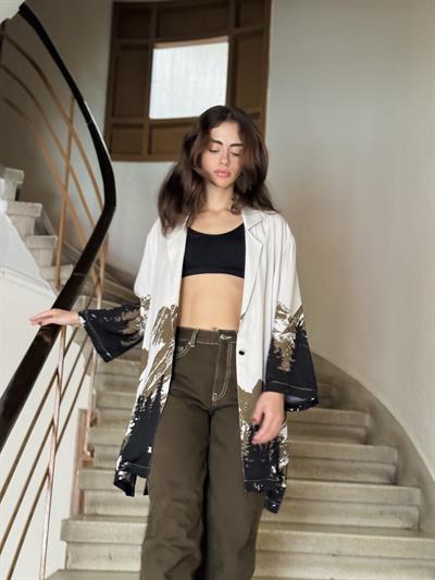 Retrobird Tasarım Dağ Desen Açık Gri Kimono Gömlek Ceket
