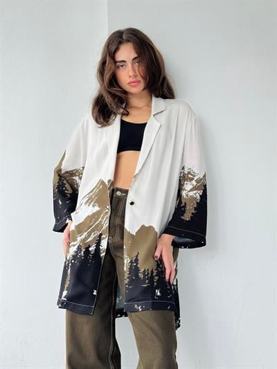 Retrobird Tasarım Dağ Desen Açık Gri Kimono Gömlek Ceket