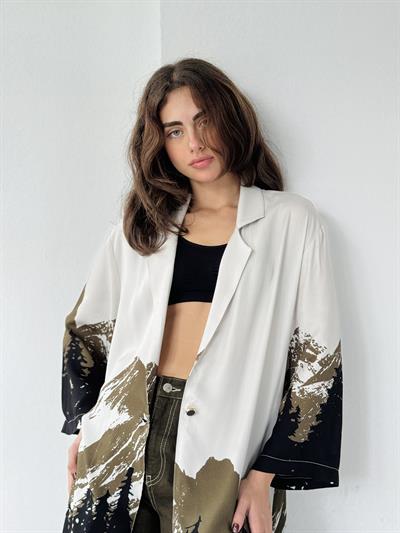 Retrobird Tasarım Dağ Desen Açık Gri Kimono Gömlek Ceket