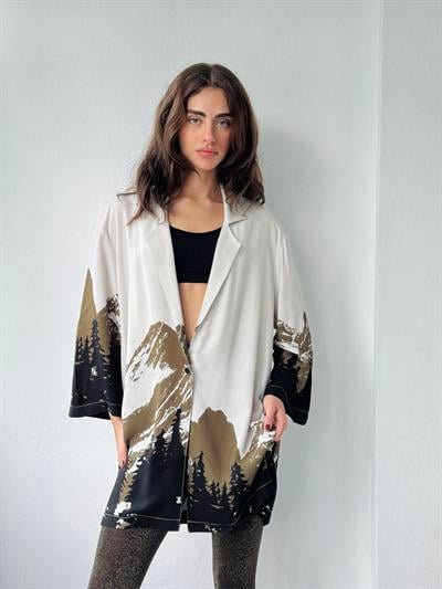 Retrobird Tasarım Dağ Desen Açık Gri Kimono Gömlek Ceket
