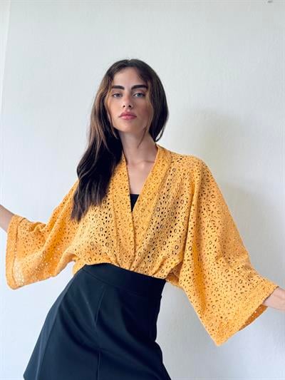 Retrobird Design Lace Yellow Mini Kimono