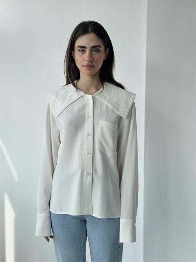 Retrobird Design Laced Peter Pan Collar Ecru Shirt