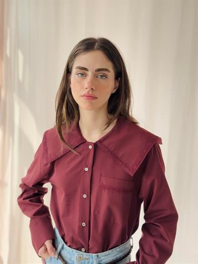 Retrobird Design Laced Baby Collar Burgundy Shirt