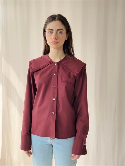 Retrobird Design Laced Baby Collar Burgundy Shirt