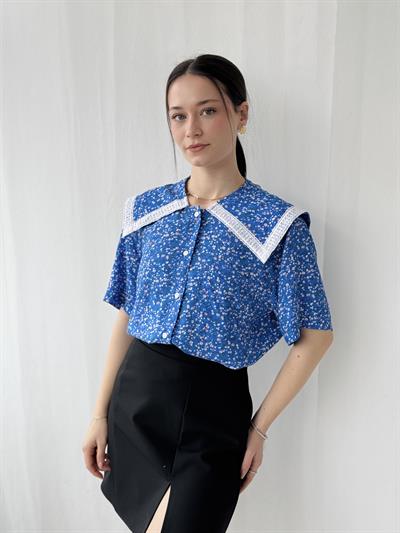 Retrobird Design Lace Baby Collar Blue Shirt