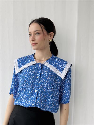 Retrobird Design Lace Baby Collar Blue Shirt
