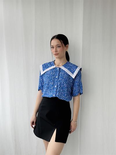 Retrobird Design Lace Baby Collar Blue Shirt