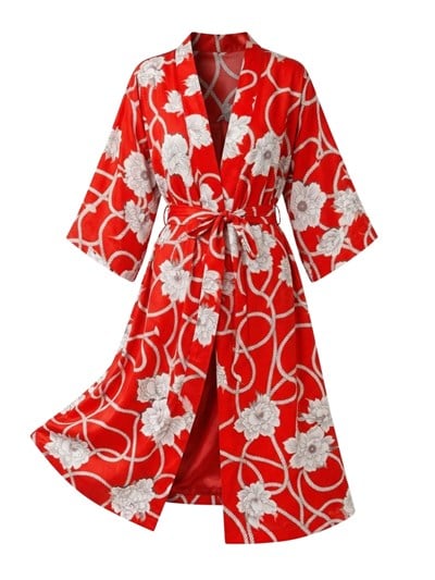 Retrobird Tasarım Desenli Kırmızı Uzun Kimono