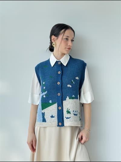 Retrobird Tasarım Doğa Temalı İndigo Yelek