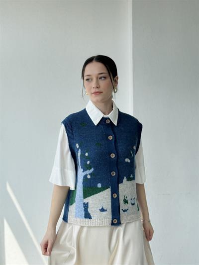 Retrobird Tasarım Doğa Temalı İndigo Yelek