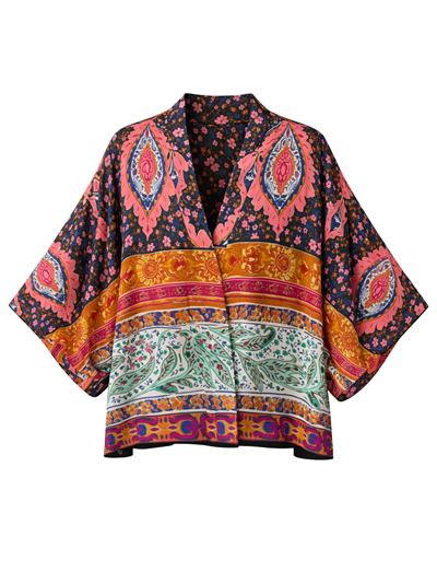 Retrobird Tasarım Etnik Desen Çok Renkli Şifon Mini Kimono