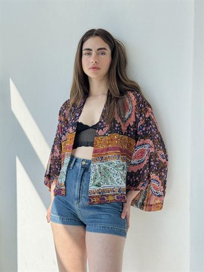 Retrobird Design Ethnic Pattern Multicolored Chiffon Mini Kimono