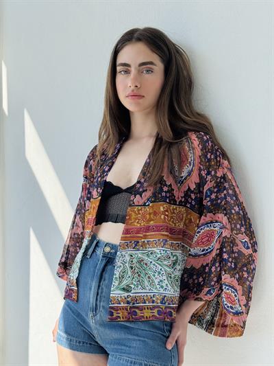 Retrobird Design Ethnic Pattern Multicolored Chiffon Mini Kimono