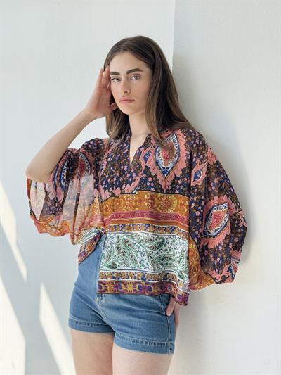 Retrobird Design Ethnic Pattern Multicolored Chiffon Mini Kimono