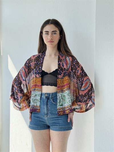 Retrobird Design Ethnic Pattern Multicolored Chiffon Mini Kimono