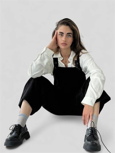 Retrobird Tasarım Fitilli Kadife Siyah Uzun Tulum Salopet