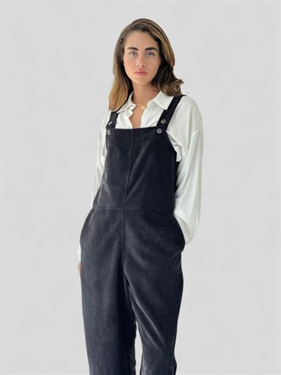 Retrobird Tasarım Fitilli Kadife Siyah Uzun Tulum Salopet