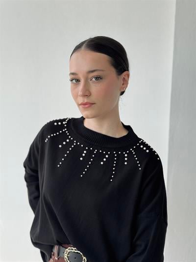 Retrobird Design Pearl Detailed Black Retro Knit Top