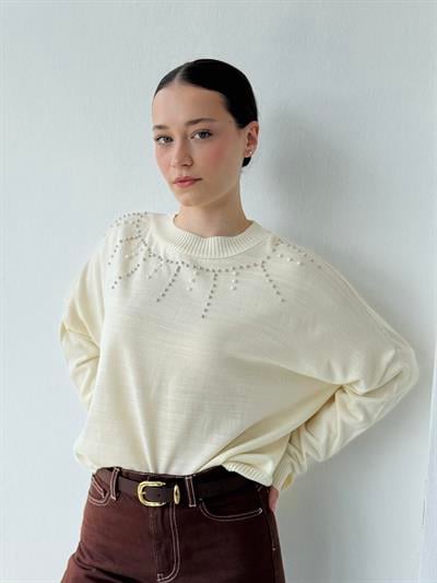 Retrobird Design Pearl Detailed Ecru Retro Knit Top