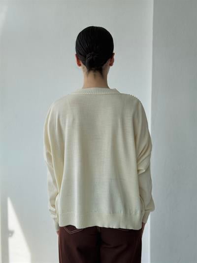 Retrobird Design Pearl Detailed Ecru Retro Knit Top