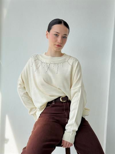 Retrobird Design Pearl Detailed Ecru Retro Knit Top