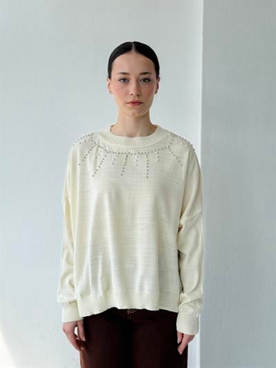 Retrobird Design Pearl Detailed Ecru Retro Knit Top