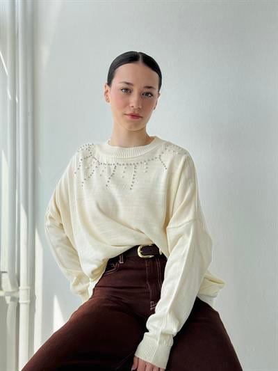 Retrobird Design Pearl Detailed Ecru Retro Knit Top