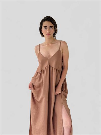 Retrobird Design June Light Brown Straped Slit Dress