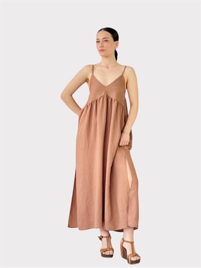Retrobird Design June Light Brown Straped Slit Dress