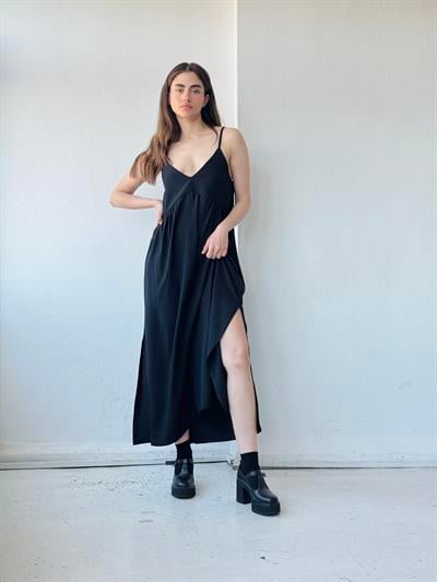 Retrobird Design June Black Strap Slit Dress