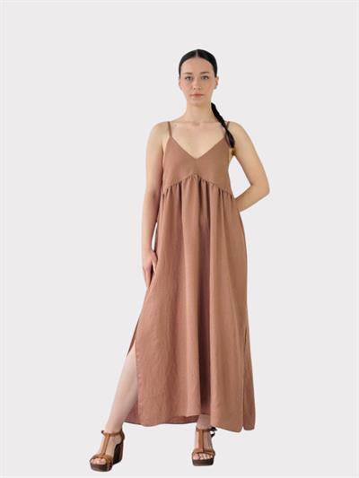 Retrobird Design June Light Brown Straped Slit Dress