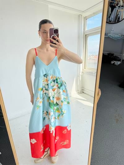 Retrobird Design June Pomegranate Colored Strap Satin Slit Dress