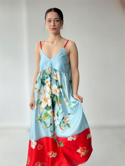 Retrobird Design June Pomegranate Colored Strap Satin Slit Dress