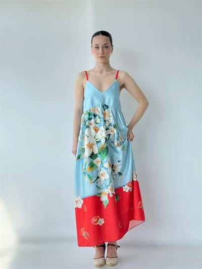 Retrobird Design June Pomegranate Colored Strap Satin Slit Dress